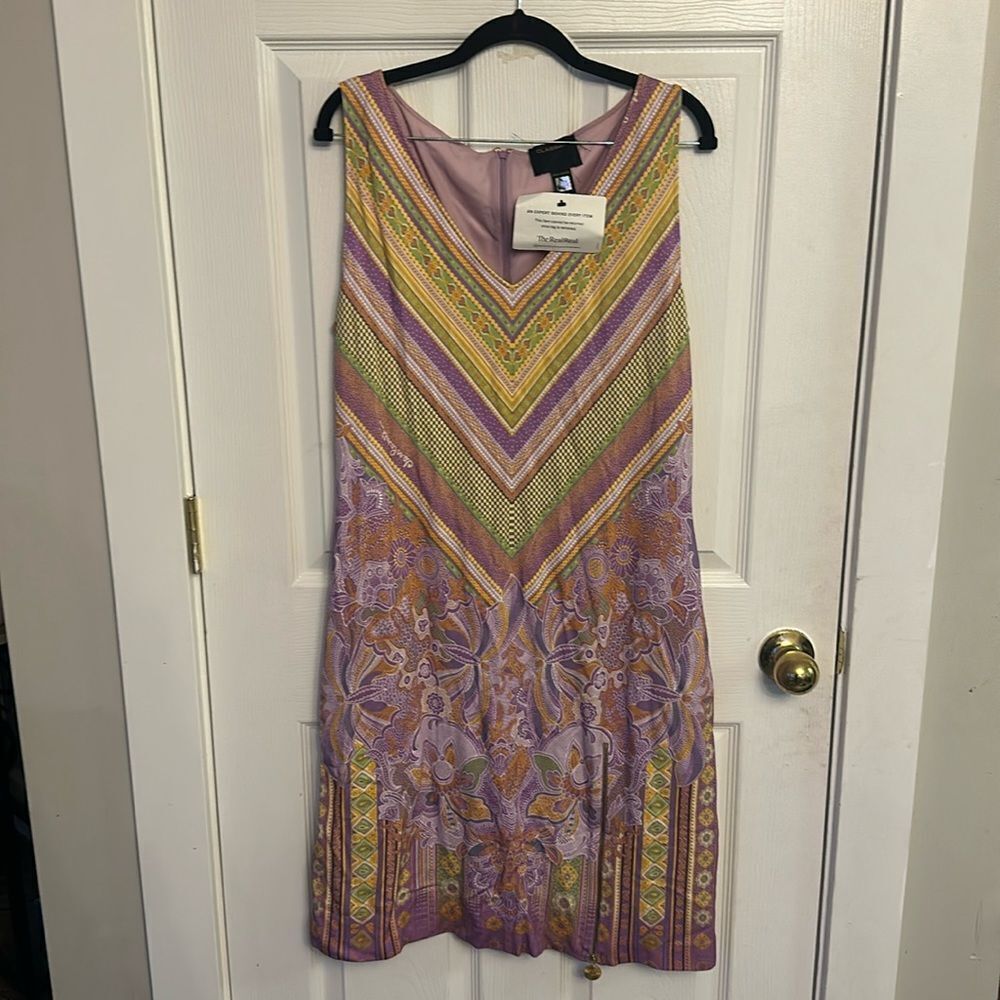 Roberto Cavalli Chevron Floral Mixed Print Sleeveless V-Neck Column Dress Repost